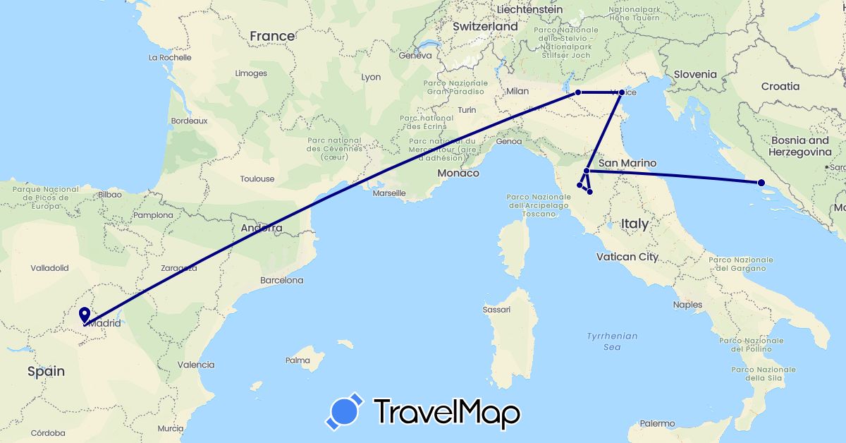 TravelMap itinerary: driving in Spain, Croatia, Italy (Europe)